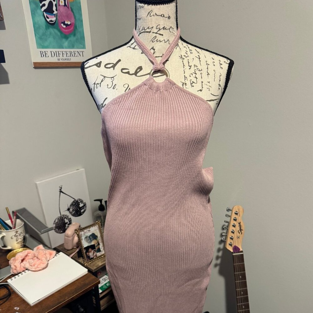 Dusty Rose Ribbed Halter Midi Dress - L